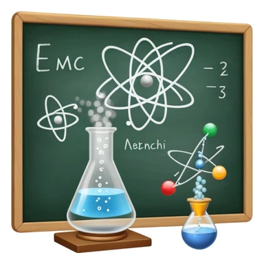 An icon featuring an atom model, a beaker with swirling particles, and a chalkboard with E=mc², symbolizing physics. The design includes a magnet, a pendulum, and a prism splitting light, representing the study of matter, energy, and natural laws. Transparent background sticker