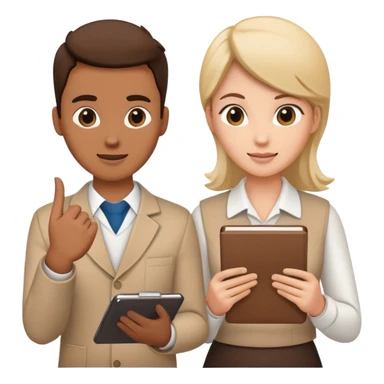 Two team members facing each other, one holding a notepad and the other gesturing, in a collaborative pose sticker