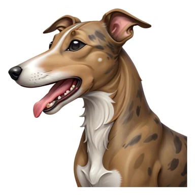 Cinematic Cute Yawning Brindle Greyhound Portrait Emoji, Head tilted slightly with a dramatic, wide-open yawn, showcasing a smooth brindle Fur with a refined pattern, floppy ears slightly drooping, round eyes barely open in drowsy contentment, Simplified yet irresistibly adorable features, highly detailed, glowing with a soft, cozy glow, high shine, relaxed yet expressive, stylized with a touch of whimsy, bright and endearing, soft glowing outline, capturing the essence of a sleepy yet affectionate racer, so drowsy it feels like it could stretch out of the screen and curl up for a nap! sticker