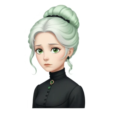 A Victorian woman with elegant coiffed white hair and pale green eyes wearing a modest black turtleneck mourning dress looking down with a forlorn expression sticker