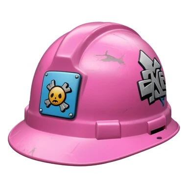 pink hard hat with graffity "</3" sticker