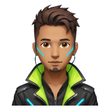 Cyberpunk street adult, hispanic, male, messy undercut, glowing earpiece, light stubble, brown eyes, neon reflections, headshot sticker