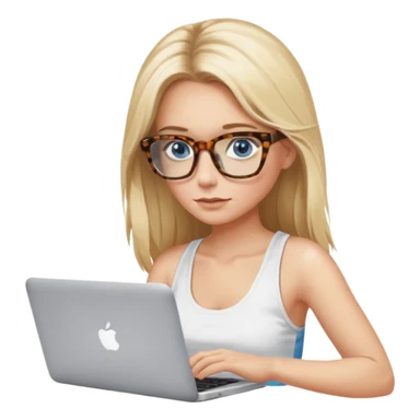 long blonde hair woman blue eyes with tortoise shell print glasses wearing white tank top on mac book  sticker