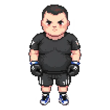white man with dark hair, dark eyes, buzzcut faded haircut, overweight 100kg boxer, chubby face, stocky build, wearing full black clothes, black adidas boxing gloves, highly pixelated, chunky pixel style, low resolution sticker