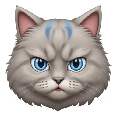 angry grey cat blue small slanted eyes. iphone real emoji style, made the cat look challenging sticker