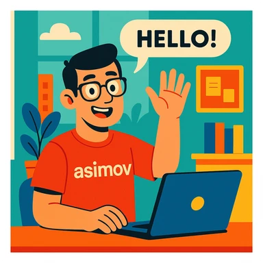 an office worker with glasses, red 'asimov' t-shirt, saying hello, modern illustration, vibrant toon style sticker