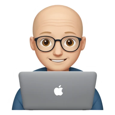bald young programmer with MacBook without wrinkle on head sticker