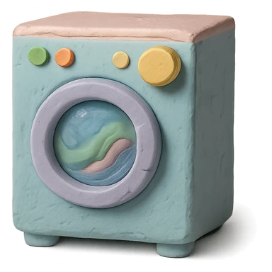 washing machine in claymation style with pastel colors and visible fingerprints sticker