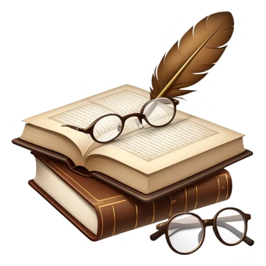 An icon showing an open classic book with elegant pages, a feather quill, and reading glasses resting on top. Behind it, a stack of literary works and a candle evoke deep study and timeless stories. Transparent background highlights the analysis of literature and texts. sticker