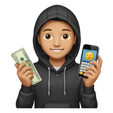 miling young entrepreneur in a hoodie, holding a stack of cash in one hand and a phone in the other, clean emoji style, soft lighting, simple background sticker