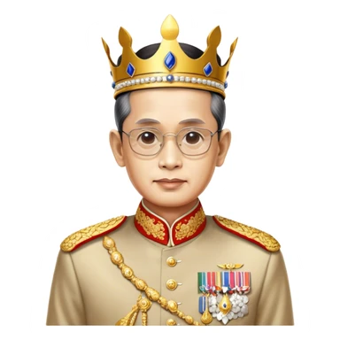 Cinematic Realistic King Bhumibol Adulyadej Portrait Emoji, depicted as a revered Thai monarch with a dignified expression and traditional royal attire, rendered with lifelike textures and soft regal lighting that captures his lasting legacy. sticker