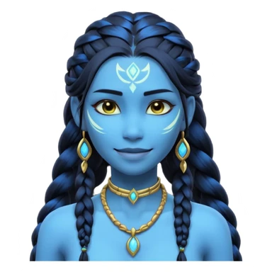 avatar-style Na’vi female portrait, head and shoulders only, blue skin, glowing bioluminescent markings, long braided hair, subtle tribal jewelry, confident smile, 3D cartoon, mobile game icon style, clean background, no text, no watermark
 sticker