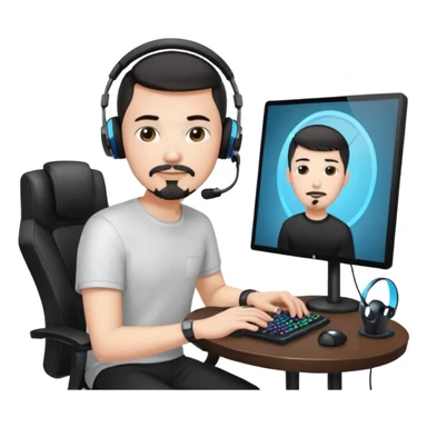 a setup of a youtuber, white skin, thin goatee, black short hair, with a desktop pc on a table, a gaming chair, microphone, ring light sticker
