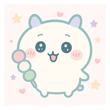 Chiikawa character, playful expression, holding a dango, gentle color palette sticker