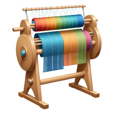 Weaving icon, loom with colorful fabric being woven, visible shuttle, spools of yarn, fabric swatches, sewing patterns, and finished clothing items, minimalistic style, clean lines, transparent background. sticker