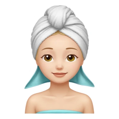 cute girl with her eyes closed and smiling, wearing a spa towel as her clothes in she has a spa towel on her head with no visible hair sticker