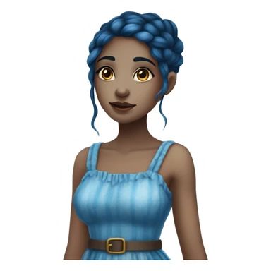 A beautiful blue skinned fantasy girl who has dark blue hair that shines. She has freckles on her nose and wears a cottage dress. sticker