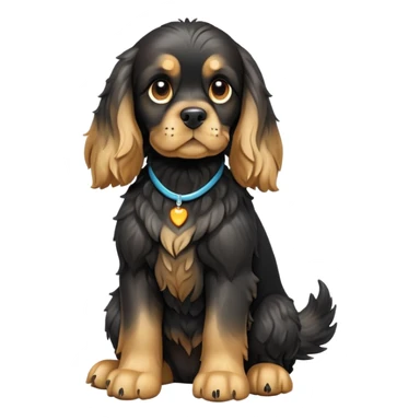 cinematic-[cocker spaniel dog]-realistic-full-body-sitting-emoji,-tail-resting-loosely-beside-its-paws,-head-tilted-dramatically,-scruffy-[black]-fur,-simplified-yet-realistic-focused-features,-highly-detailed,-glowing-with-an-almost-sarcastic-glow sticker