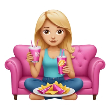 home white girl with plate of chips and soda drink, sitting at the pink sofa sticker