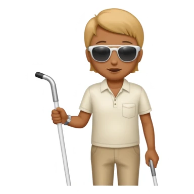 A blind person wearing sunglasses and holding a guide cane sticker