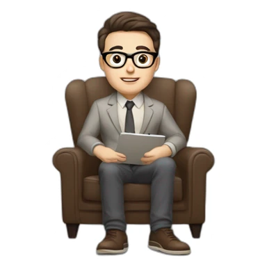 Pale skinned Fit Man With dark brown hair in gray jacket, beige office shirt and vintage glasses sitting In a soft chair with a notebook with emblem Ψ and a pen in his hands sticker
