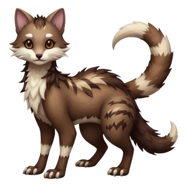 Kawaii dark edgy brown beige white fantasy ethereal feline-vernid-sergal-furret-fursona animal creature with a tufted tail full body with intricate markings  sticker