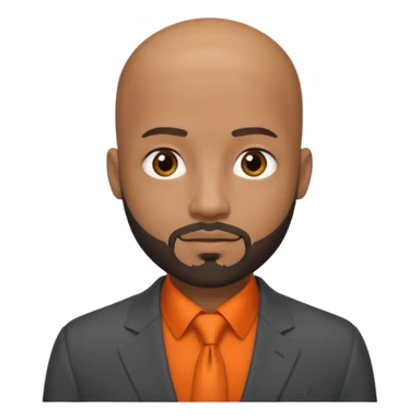 headshot of a sophisticated, stylish, bald head, small eyes Caribbean black man with a beard and goatee in a dark gray suit and orange shirt sticker