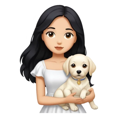 A beautiful girl with long black hair and a white dress is holding a white Labrador sticker