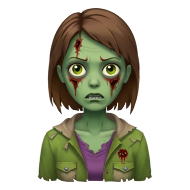 a zombie woman with straight brown medium hair with green skin sticker