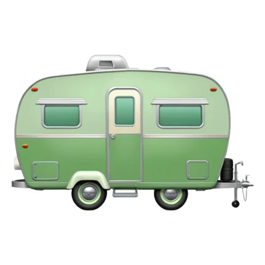 1960s Shasta trailer, single axle wheels, colored all green, the same green shade as movie trailer green preview card, light grey tires and grey hitch sticker