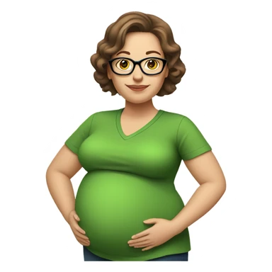 Big pregnant white women wearing a green shirt and glasses with brown hair sticker