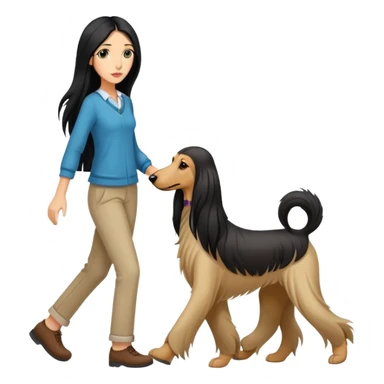A girl with long black hair walking an Afghan hound sticker