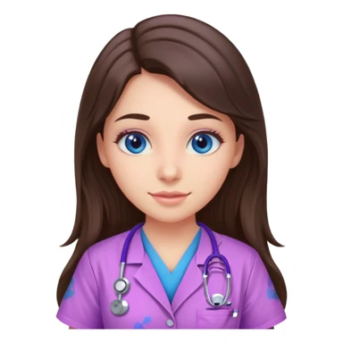 pretty brunette nurse with long hair and blue eyes in pink and purple dinosaur pattern scrubs sticker