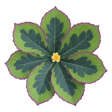 Close-up of Begonia Rex leaf center showing pronounced spiral pattern, dark green leaf with purple edges and white spots sticker