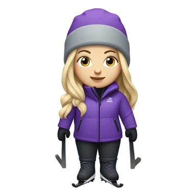 Chubby female long blonde hair skier with purpley-grey jacket and black pants showing full length sticker