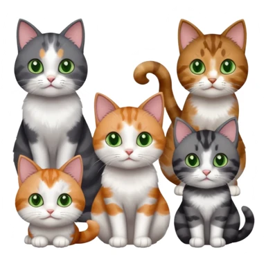 6 different coloured small cats including a dark grey and white, and a patchy calico, and a brown tabby and white,  and a completely solid dark grey with green eyes and only white paws sticker