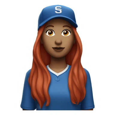 front facing standing up female coach with long red hair, wearing a white t-shirt and a simple baseball blue hat sticker