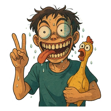 ghibli style bulging eyes, unhinged grin, too many teeth, one eyeball twitching, tongue out sideways, sweating, glitching, peace sign, holding cursed rubber chicken sticker