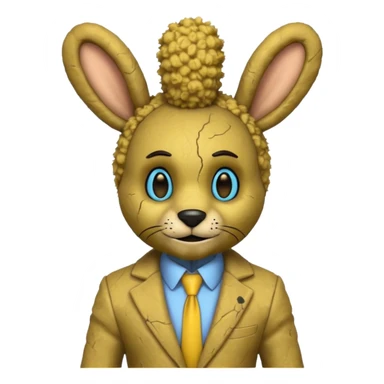 springtrap yellow damage hare suit with hare ears blue eyes with strands of 3C afro textured hair size of a small toothpick sttcking up sticker