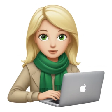 blond women skine , with green eyes and scarf . with macbook sticker