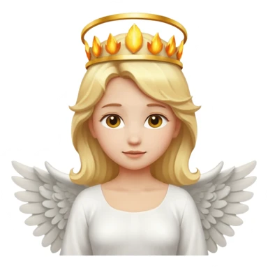 Emoji-style angel: blonde hair, golden flame crown, halo, large detailed wings, white dress, visible feminine body shape, cute smooth emoji look. sticker