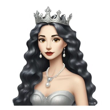 Regal pretty slender woman photograph defined cheekbones high cheekbones crown vintage with very long iridescent black and silver hair wavy long hair pearl crown iridescent sticker