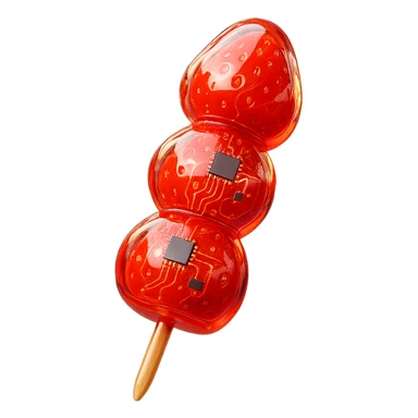 glossy red candied strawberry skewers (Tanghulu) with a crystal-clear sugar coating, reflecting light, held vertically, street food background blurred, high realism, sharp details, vibrant colors sticker
