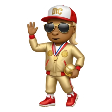 anthropomorphised horse dressed like a member of RUN DMC, hip-hop outfit, gold medal, baseball hat, sunglasses sticker