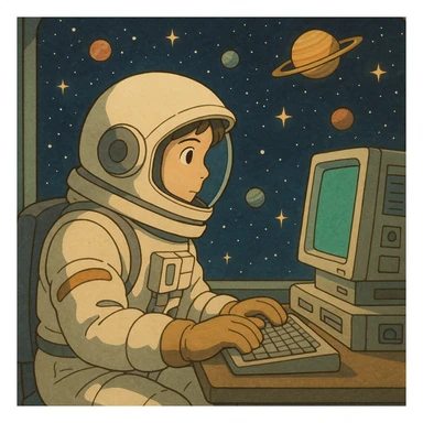 ghibli style astronaut at a computer, stars and planets in background sticker