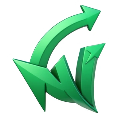 iOS-style 3D emoji: a glossy green arrow curving upward, attached to a jagged rising line chart, with smooth gradients and soft shadow sticker