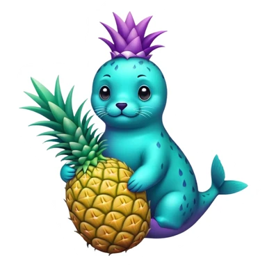 seal that is completely teal-colored holding a pineapple that is completely purple-colored sticker