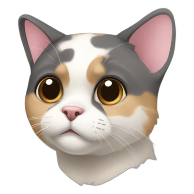 older diluted calico, white chin, black and pink nose, mostly dark grey with whiteish beige forehead, dark grey ears sticker