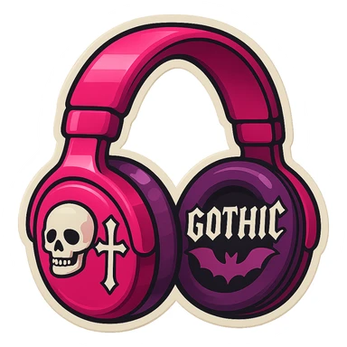 Remove the background, keep only the pink gothic headphones in retro stickers style, with vintage gothic graphics and sticker-like borders, no background. sticker