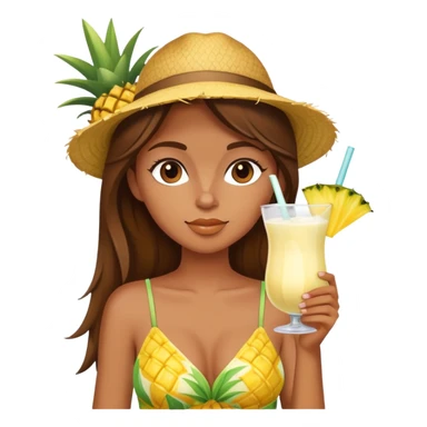 Very tan skinned girl with brown hair wearing a summer outfit sipping a piña colada sticker